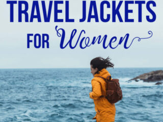 A woman running towards the sea with a text overlay: 8 Best Travel Jackets for Women