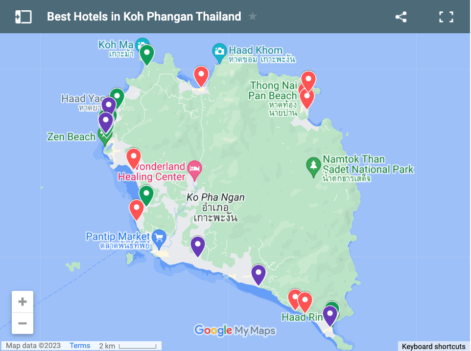 a map with hotels in Koh Phangan