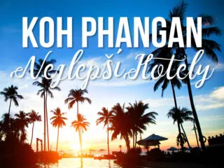 Pohled na palmy u pláže s bazénem a textem: Koh Phangan Nejlepší hotely