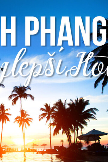 Pohled na palmy u pláže s bazénem a textem: Koh Phangan Nejlepší hotely