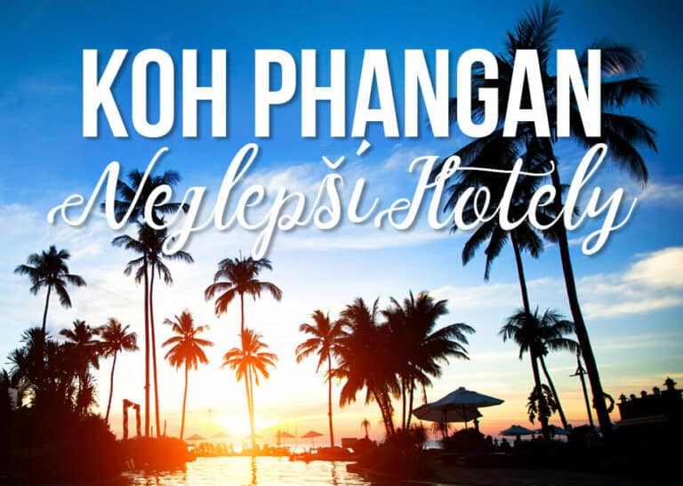 Pohled na palmy u pláže s bazénem a textem: Koh Phangan Nejlepší hotely