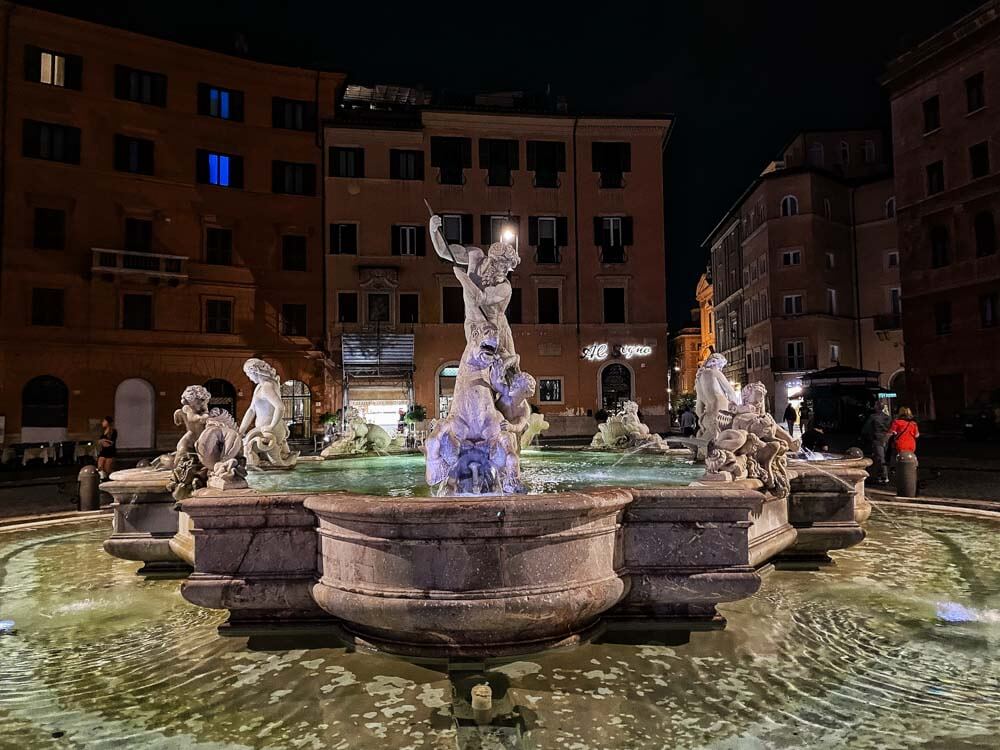 Fountain of the Four Rivers at Piazza Navona, photographed at night