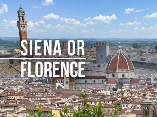 The cities of Siena and Florence merged on one picture with a text overlay: Siena or Florence