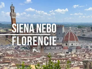 Sloučená fotka měst Sieny a Florencie s textem: Siena nebo Florencie
