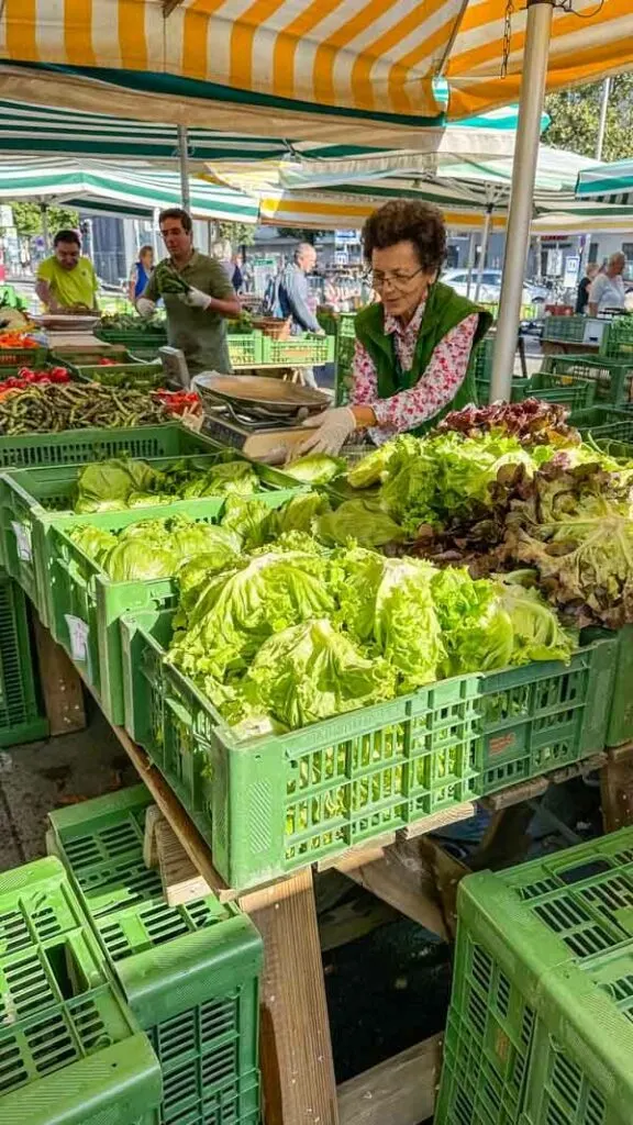 A farmer selling lettuce at the Lendplatz Farmers Market in Graz