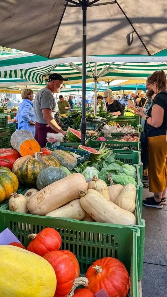 A farmer selling vegetables at the Lendplatz Farmers Market in Graz