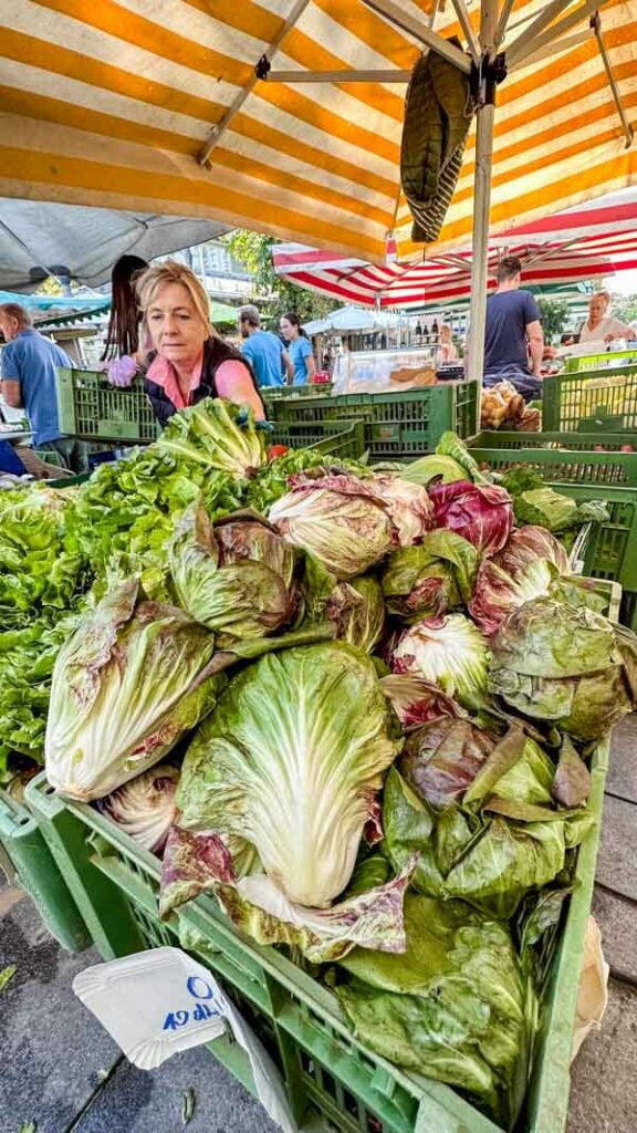 A farmer selling lettuce at the Lendplatz Farmers Market in Graz