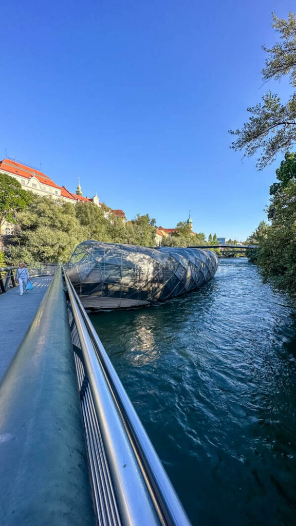 Graz' famous floating island on the River Mur