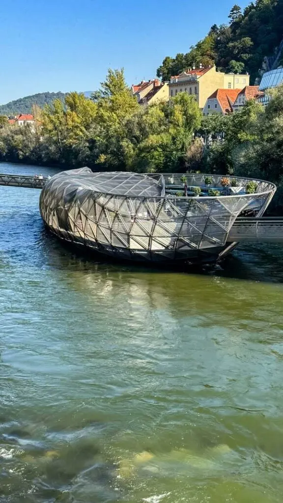 View of Graz' famous floating island on the River Mur