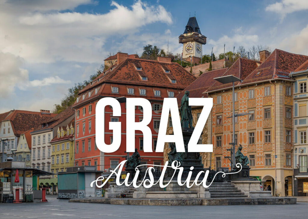 View of a city center with a text overlay: Graz Austria