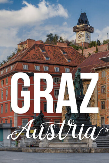 View of a city center with a text overlay: Graz Austria