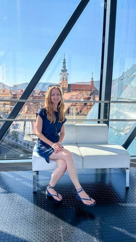 Veronika relaxing on the top floor of Kunsthaus museum in Graz