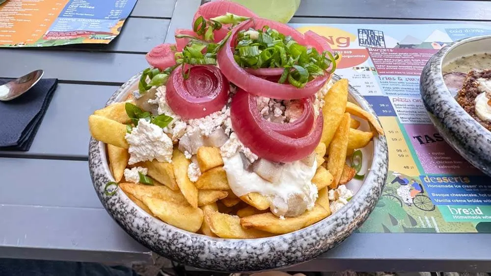 A closeup of French fries with herring and onions