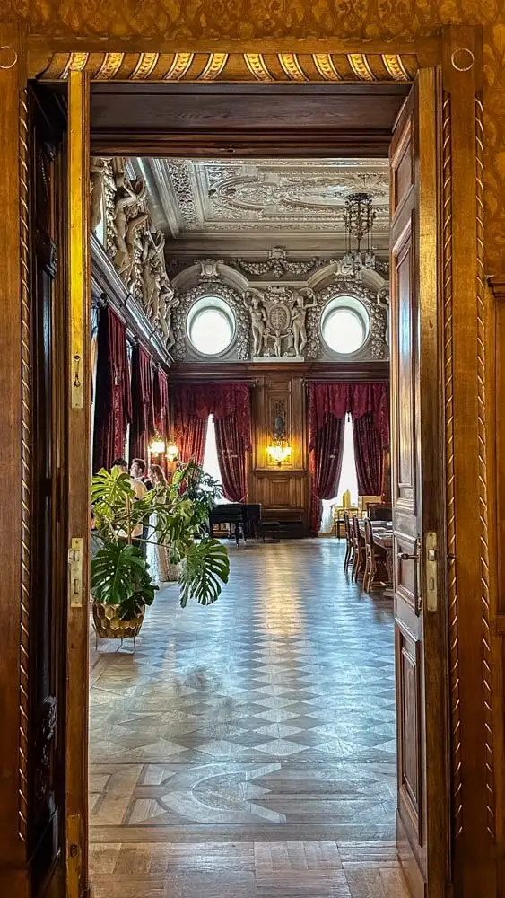 A room in a palace in Lodz with intricate interior and a big monstera plant