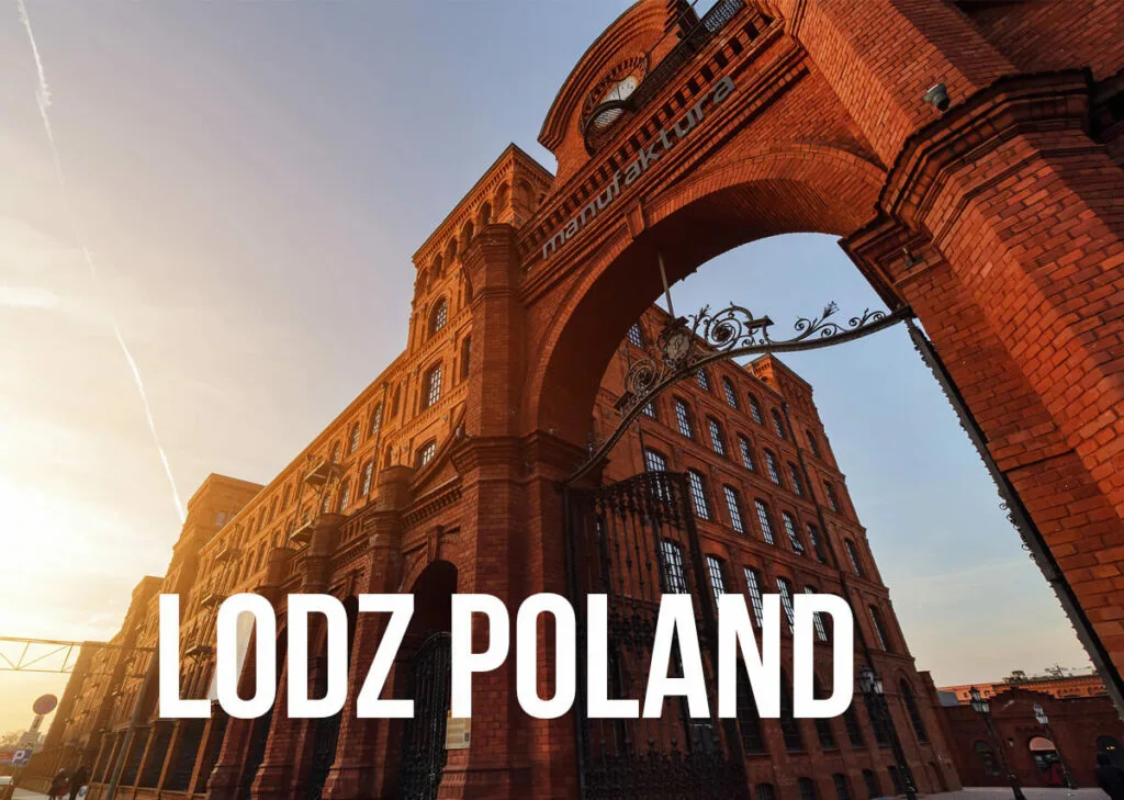 A view of a factory complex with the letters "Lodz Poland" over it