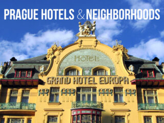 Grand Hotel Europa’s yellow Art Nouveau facade with green and red trim and sculptural details under the title “Prague Hotels & Neighborhoods.”