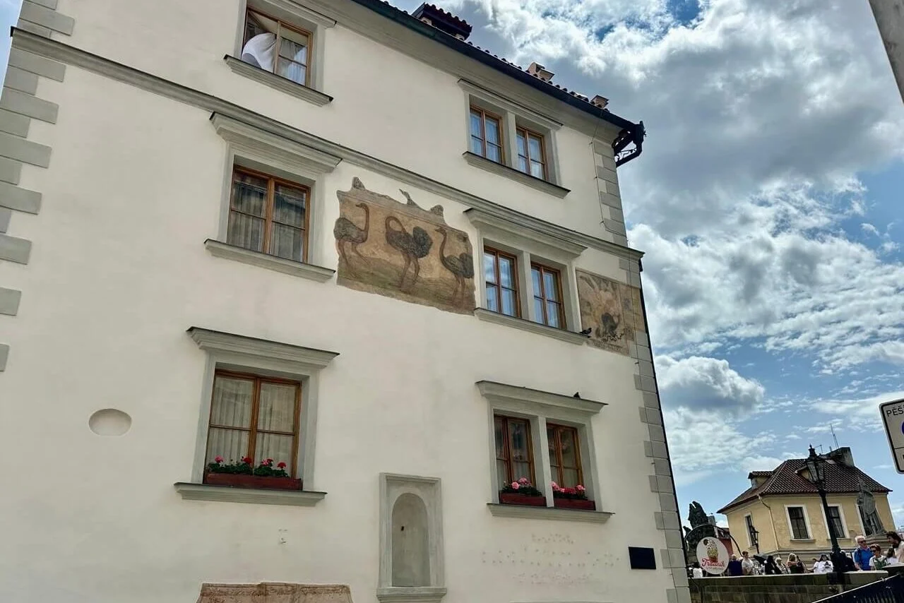 White historic building near Charles Bridge in Prague with ostrich frescoes and flower boxes beneath wooden-framed windows.