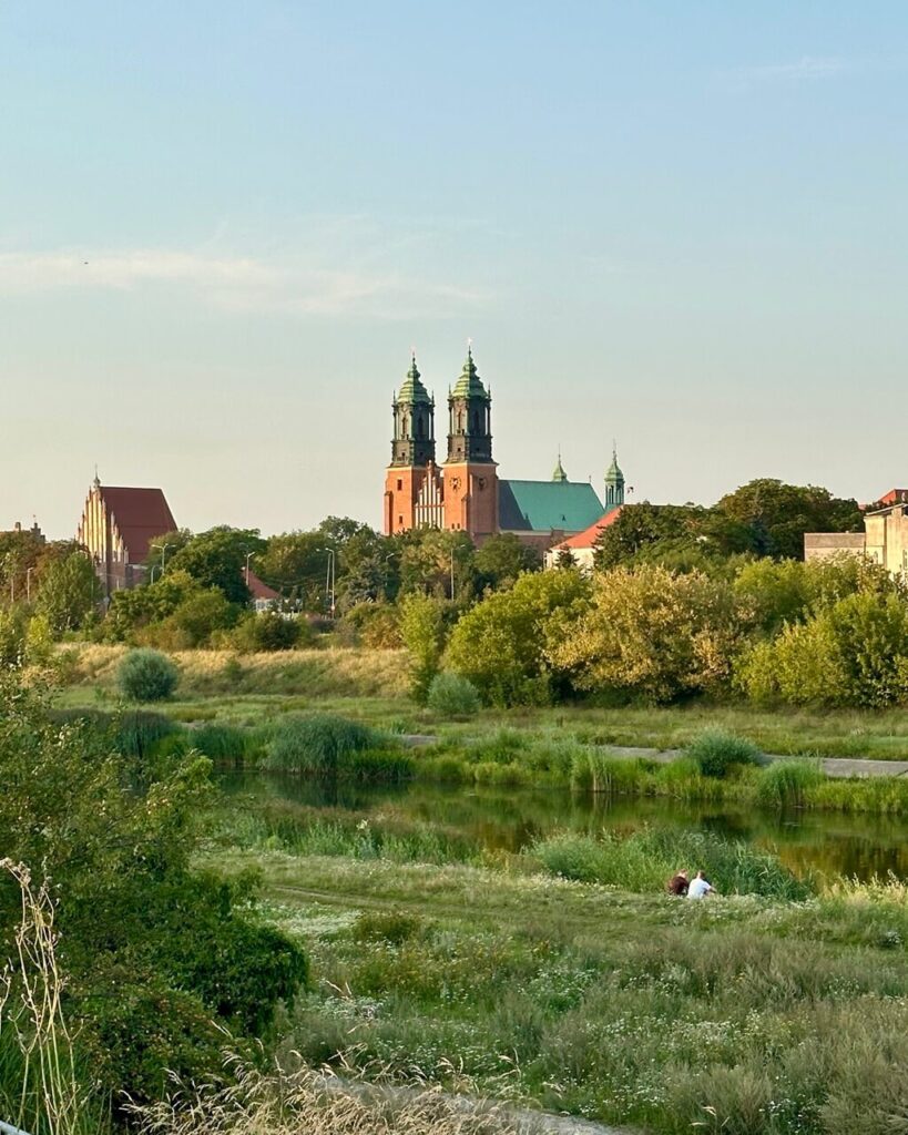 Twin-towered cathedral viewed across a river and grassy landscape during golden hour.