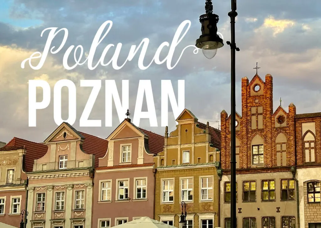 Header graphic with "Poland Poznan" text over a row of colorful Old Town buildings at sunset with a vintage streetlamp in view.