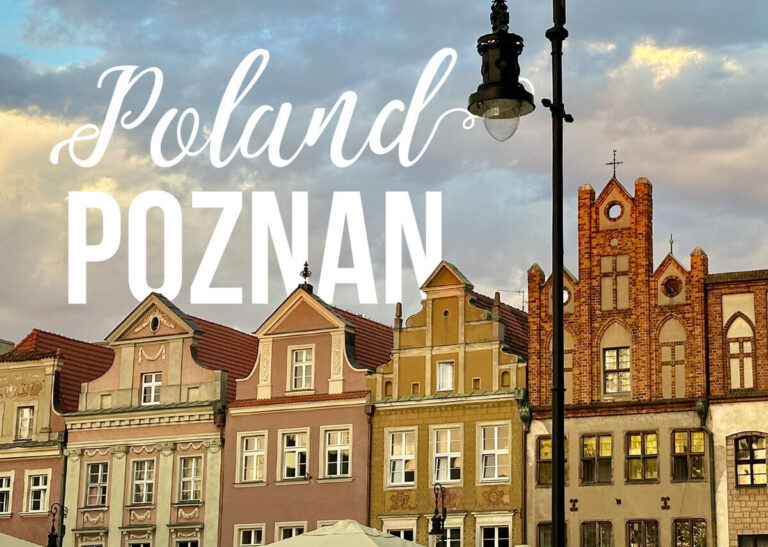 Header graphic with "Poland Poznan" text over a row of colorful Old Town buildings at sunset with a vintage streetlamp in view.