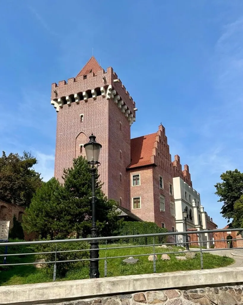 Brick Gothic-style castle with crenelated tower and steep red roof surrounded by greenery.