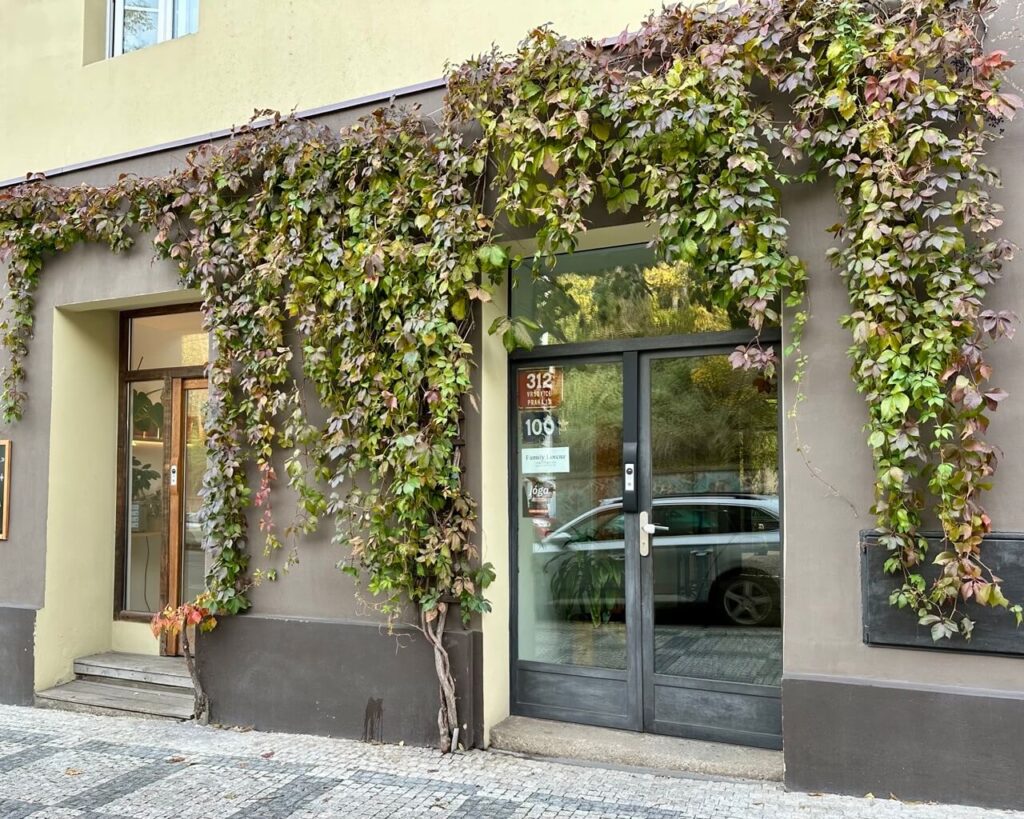 Small Prague hotel entrance covered in green ivy with glass door in a peaceful residential Prague neighborhood.