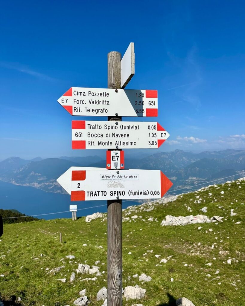 Hiking signpost on a grassy mountain slope above Lake Garda with route arrows. Text reads "E7 Cima Pozzette 1.20 Forc. Valdritta 2.50 651 Rif. Telegrafo 3.55 Tratto Spino funivia 0.05 651 Bocca di Navene 1.05 E7 Rif. Monte Altissimo 3.05 2 TRATTO SPINO funivia 0.05".